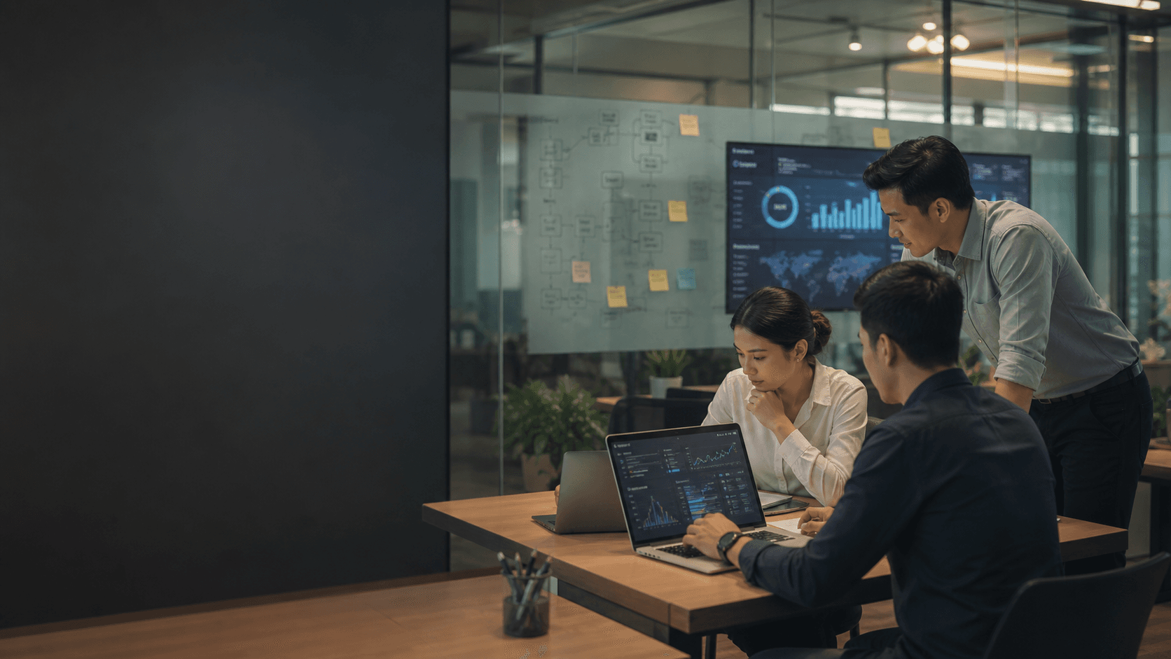 ทีมธุรกิจกำลังวิเคราะห์ workflow และข้อมูลจากระบบ AI